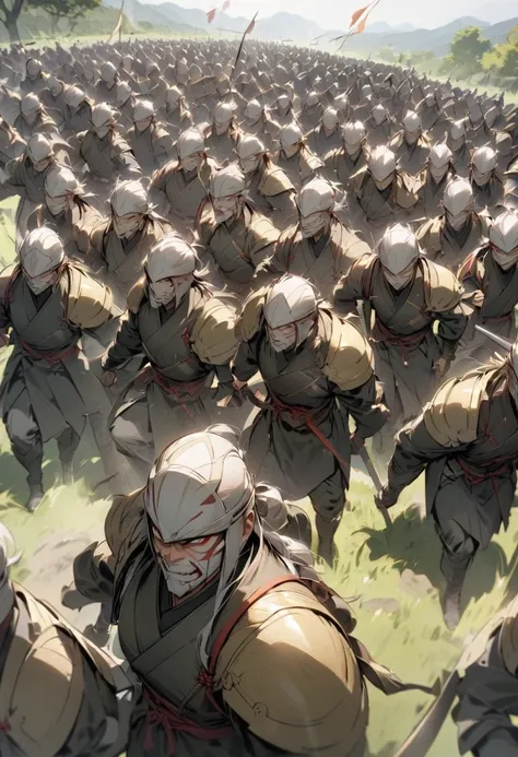 An army of samurai marching through the countryside, ready to unify the land under one leader, with determination in their expressions."