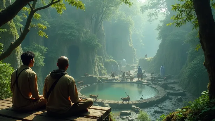 Two Indonesian hunters sit on a wooden bed in a tree staring at a pool of water in a forest with wild animals and ghosts drinking. View from above 8k  