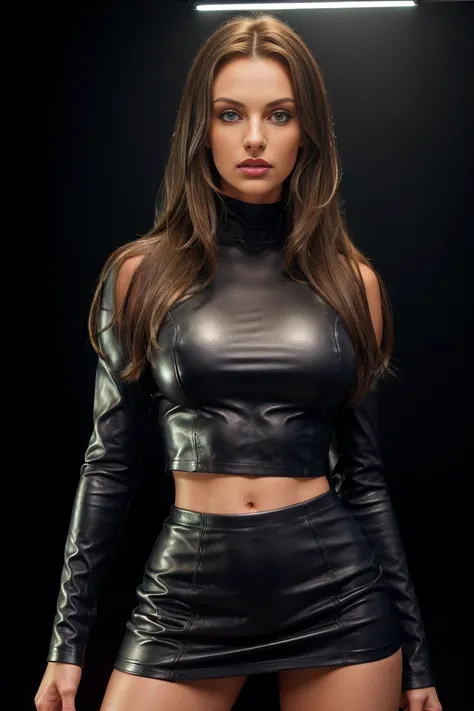 HDR photo of Caucasian woman at a solid dark gray background ultra-realistic digital photo dynamic pose in front of brightly lit colored led panel, long sleeve crop top, leather miniskirt, alluring, long brunette hair, long straight hair, blue eyes, red li...