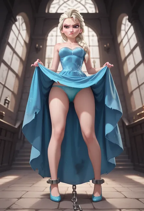 ((full body photo, standing)) Elsa from the movie "frozen", Blue dress, annoyed, flushed, lifts her dress to show her blue panties, shackles on her neck and hands, in a cell, from below, POV: I look at her, torn dress, raised skirt, Her blue panties are sh...