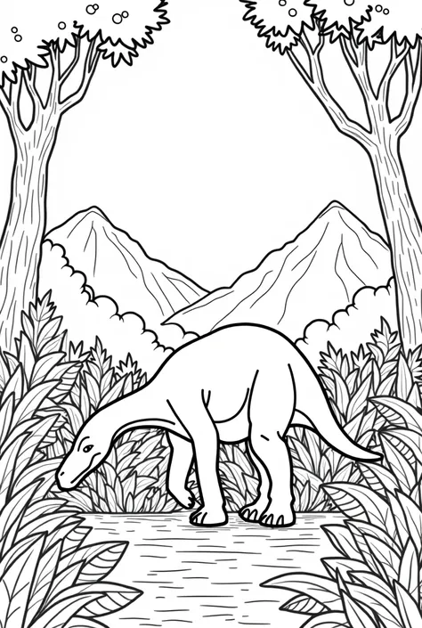 a herbivorous dinosaur feeding in a forest, black and white image, Picture for kids, made to color
