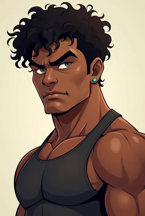 cartoon character, masculine ,with dark skin,with eyebrow piercing with serious face and curly hair