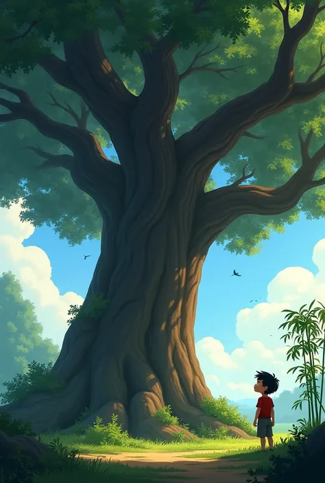 "The young boy Rohan gazes up at the mighty oak tree, its branches wide and strong, while noticing the small, barely noticeable bamboo shoot beside it."