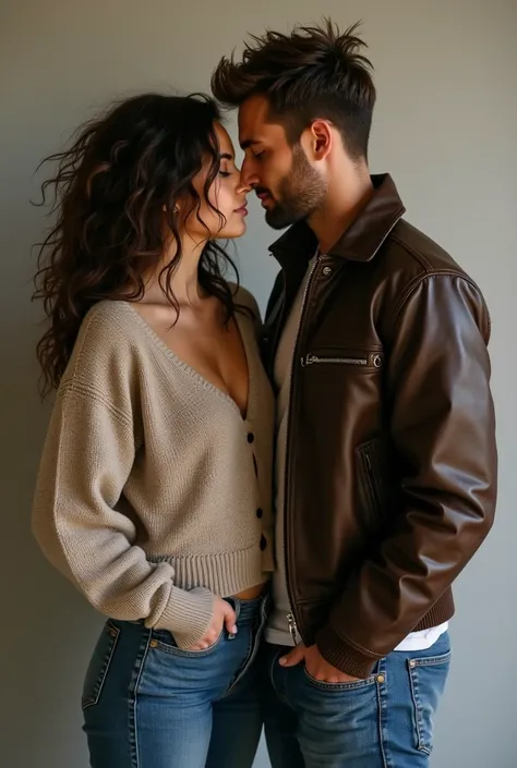 a couple, beautiful mbti intp girl, messy curly long hair,  body, small chest, full sweater top, jeans pants, handsome mbti istp man, messy short hair, big buff muscles, leather jacket, jeans pants, no beards, no mustache 