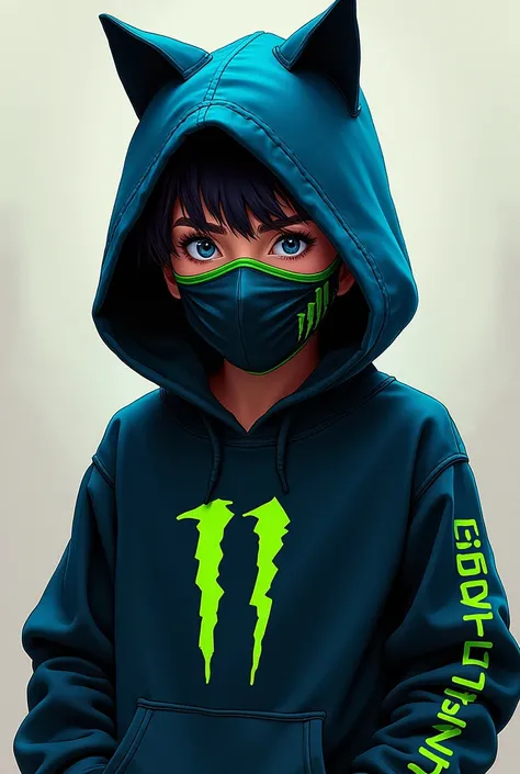 , adolescent, , offwhite, clear eyes, wearing a sweatshirt with cat ears on the cap and wearing a mask similar to Sub-Zero&#39;s.  Paleta de cores: primary colours: blackw +  electric blue and neon green to highlight mystery and energy. Secondary colors: C...