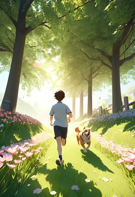 3D animation style, spring flower blooming hill, beautiful spring day, wrapped in the soft light of sunlight filtering through the trees, a cheerful boy running happily with his pet dog, a heartwarming scene,