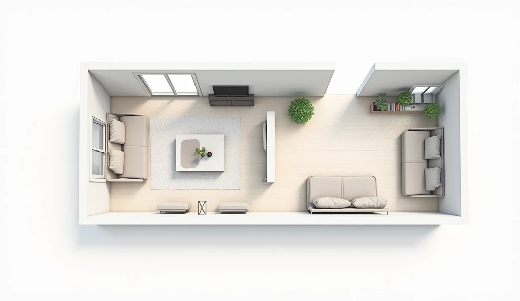 Make a floor plan of a room with the following specifications Room dimensions: 8,0m Length 3,2m Width Desired distribution (For example, Do you want a master sofa?, armchairs, Center table, TV area): a little bit of everything Style: minimalist Other detai...