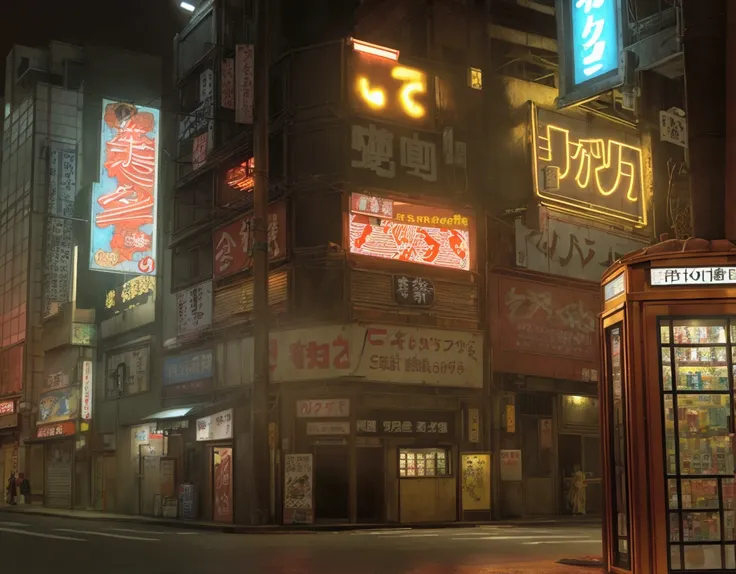 夜晚的京东street，small shop signboard，electric pole，old building，old signboard，vertical sign，street，there are vending machines on the...