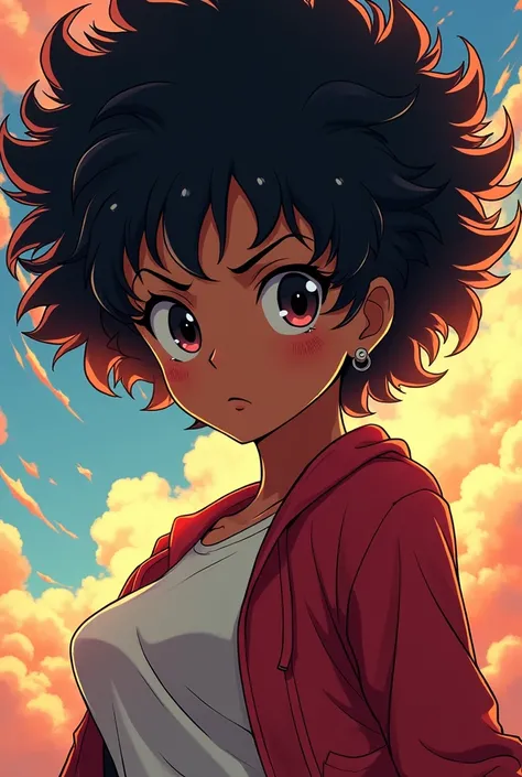 20 year old anime character, dark-skinned, curly hair and a defiant look 