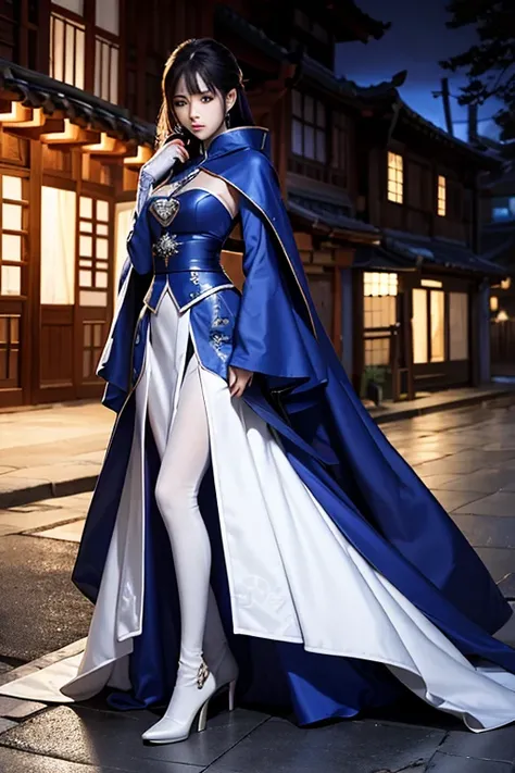 South korea walk women mystery hooded on with modern royal Blue coat with long and wide sleeves with buttons and royal Blue cape and very high white heel over the knee and white gloves, As she reveals a small secret hidden blade coming from his palm , addi...