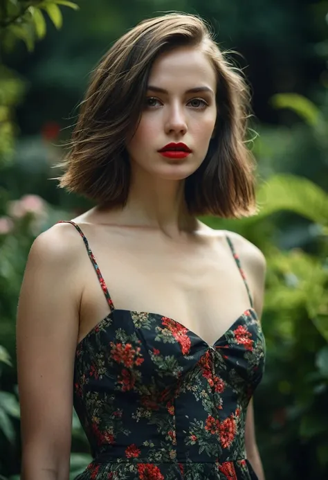 short hair, nnlnnx, (sharp focus:1.2), photo, attractive young woman, (beautiful face:1.1), detailed eyes, luscious lips, (bold red lip colour:0.85), (medium breasts:1.0), (slim body:1.2), (long hair:1.2), wearing (1980s peplum dress:1.2) in a (botanical g...