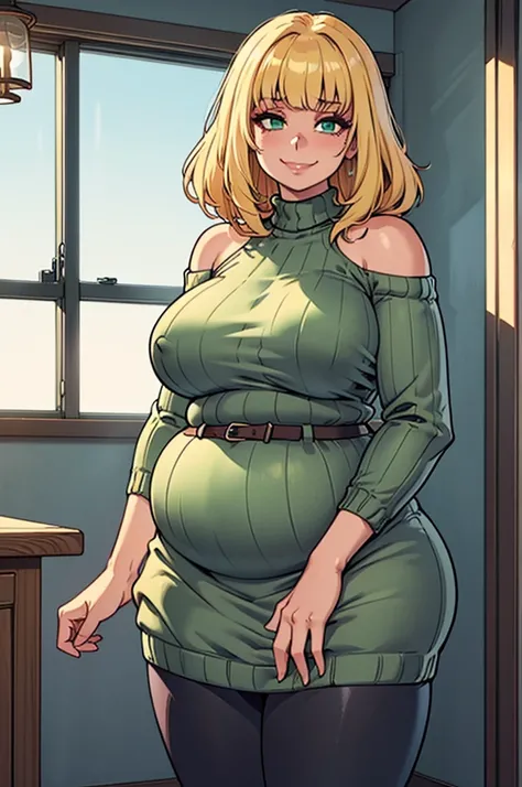 ((Masterpiece, best quality, perfect lighting, amazing shading)), (perfect anatomy, realistic proportions), field of depth, extremely beautiful, 1girl, (straight blonde hair), curtain bangs, green eyes, (neon blue sweater), leggings, (((((fat))))), ((chubb...