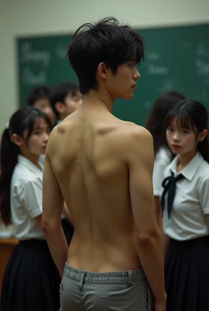 1boy、Real photo style、Photo Quality、Cute handsome man、Mash Hair、Japanese male, 、Completely naked、Full nudity、erection、Huge penis、Highest quality、Realistic、beautiful、Back view、Butt Exposed、Face turned to the side、Surrounded by students in uniform, her whole...