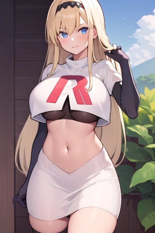 masterpiece, best quality,simple eyes,outdoors,1girl,north carolina,bangs, blonde_hair, blue_eyes,large breasts, eyebrows_visible_through_hair, hairband, long_hair, long_sleeves, looking_at_viewer, team rocket,team rocket uniform,white skirt,red letter R,c...