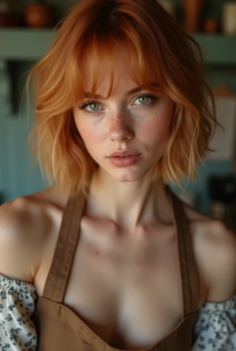 a closeup portrait of a girl, classic bob, apron, amazing body, pronounced feminine feature, busty, kitchen, [ash blonde | ginger | pink hair], freckles, flirting with camera