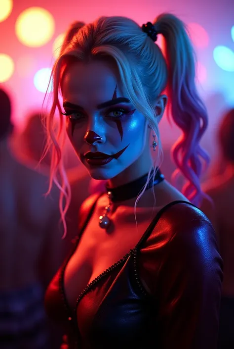 Portrait of Margot Robbie as clown at the crowdy party, wearing closed Black-Red clown suit, harley quinn style, her face is illuminated by neon lights, looks like harley quinn, violet color, he stands, model shooting style (extremely detailed CG unity 8k ...