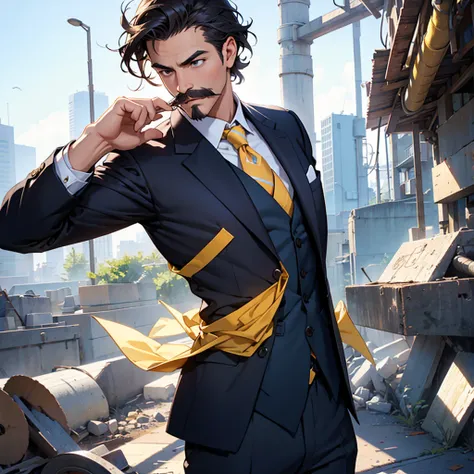 Create an image that represents motivation and personal growth of a boy wearing a suit and having a mustache.
