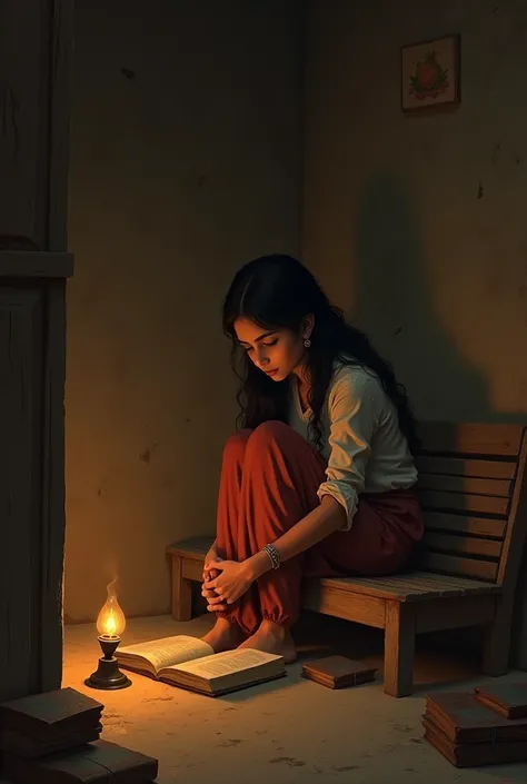 Radhika Studying:

The  is sitting on a wooden bench inside a dimly lit room. She is deeply focused on her books, with a small lamp beside her. The room is simple, with earthen walls and a few old, worn-out books around. Her expression shows determination ...