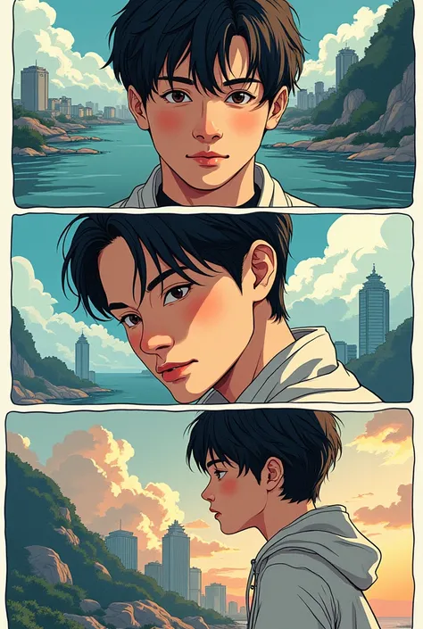 Manhwa comic page with multiple scenes, capturing the character&#39;s evolution and the atmosphere of each moment.