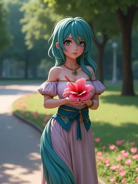  hibiscus flower in her hand in the park, only show hand and flower