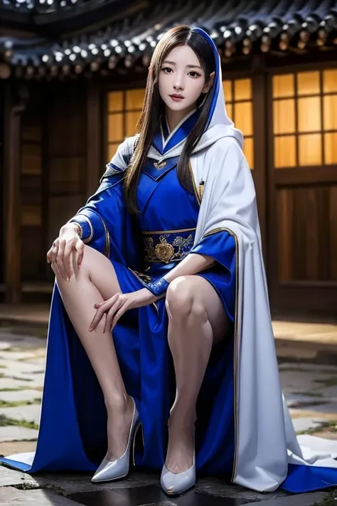 south korea walk women mystery hooded on with modern royal blue coat with long and wide sleeves with buttons and royal blue cape...