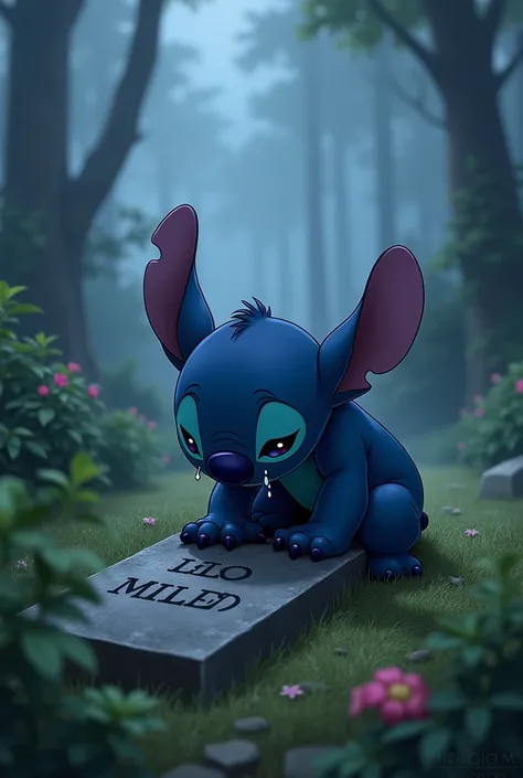 Stitch crying in front of Lili&#39;s grave