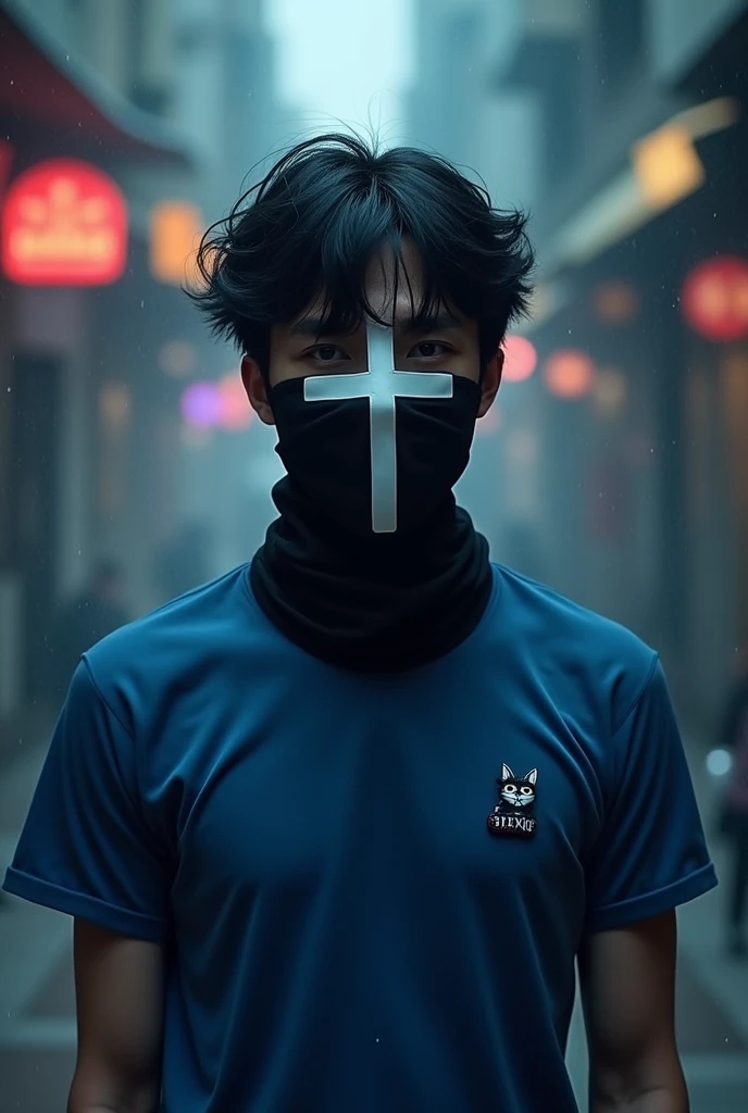 A man with short wavy black hair wearing a black mask in the middle of the mask with a white cross pattern wearing a blue short-sleeved shirt, a small screen-printed KAT on the left chest, high-resolution., Just one cross