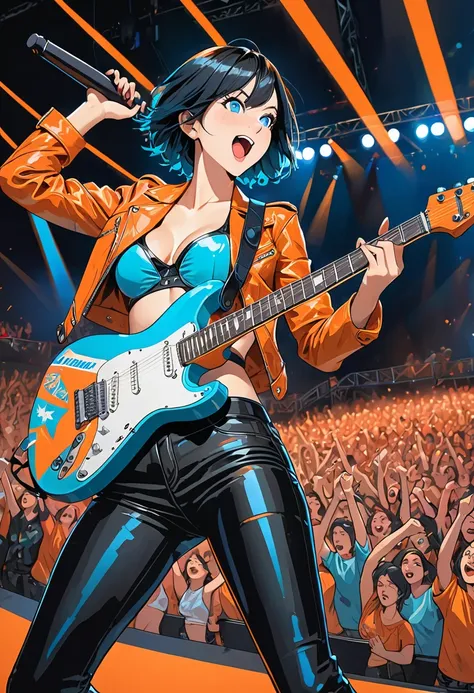 illustration, detailed illustration, ultra detailed, dynamic angle, 30 year old woman, short black hair, hair with cyan streaks, mismatched eyes, orange eye, blue eye, lean, medium breasts, black bikini top, black leather pants, orange leather jacket, play...