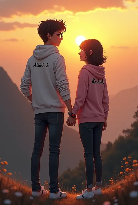 A handsome sad boy, and a beautiful sad girl standing on the mountain hill, boy wearing white jacket, black jeans, Curley hair, wearing watch, and eyeglasses, girl wearing black jeans, pink hoodie, short  silky hair, evening sunset, mountain hill in backgr...