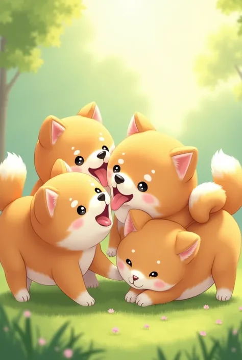 Cute Shiba Inu Several Shiba Inu playing together,Soft Light,Happy atmosphere,