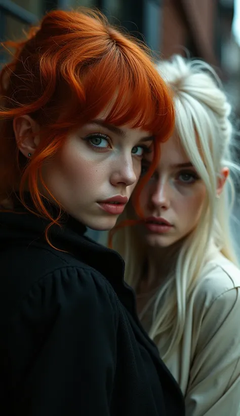 "Captivating, cinematic portrait capturing the striking contrast and alluring dynamic between two visually striking women. The redheaded subjects fiery locks and sultry, confident gaze exude a bold, edgy glamour, while the platinum-blonde companions porcel...