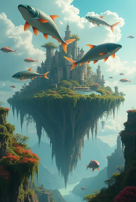 surreal fish island, fantasy landscape, floating city, vibrant colors, dreamlike atmosphere, imaginative scenery, intricate details, nature fusion, whimsical, artistic illustration, 8K large format photos, dystopian movie style lighting, Shot with ARRI ALE...