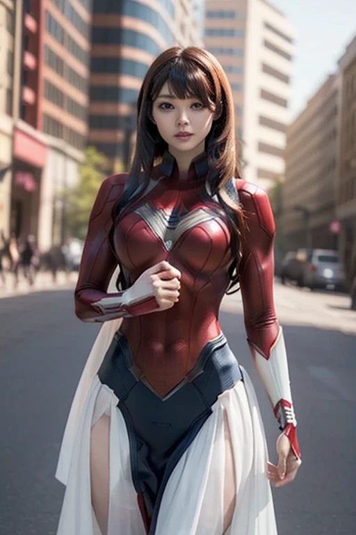 Three Women, Superwoman, Batwoman, Spider-Gwen, Iron Woman, Female Captain America,Ultra-realistic, High-resolution group photo of female versions of iconic superheroes standing side by side in a powerful display。, Uniform pose. All with skirt. 1(Superwoma...