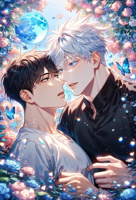 absurdres, highres, ultra detailed, HDR) master piece, best quality, extremely detailed, detailed eyes, detailed face, delicated features, Kang Woojin, black hair, messy hair, expressive red blue eyes, Love Jinx, Gojou Satoru, white hair, expressive blue e...