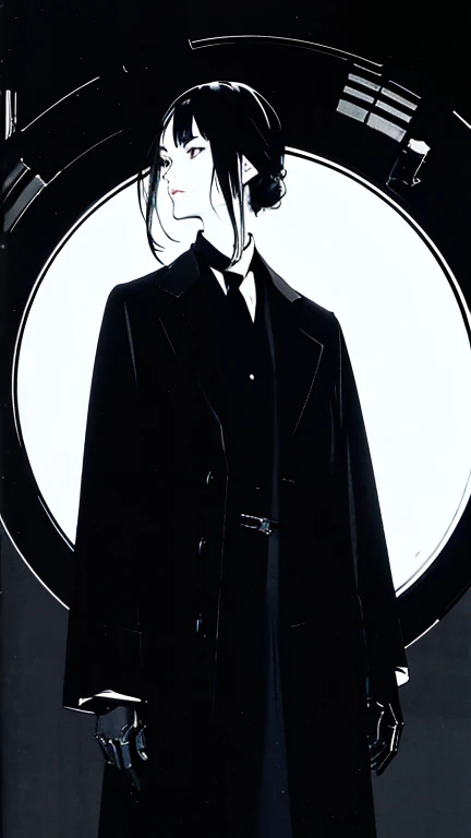 Black Hair、Cold look:1.5、Japanese woman in her 30s、Dark Background、One Cool Lady:1.5、night、whole photo、Dark Eyes、Black gloves、Ominous Machine Lifeform、Nihil、Half of his body is made of machinery、Mechanical Man:1.5、White shirt、black tie、lineart