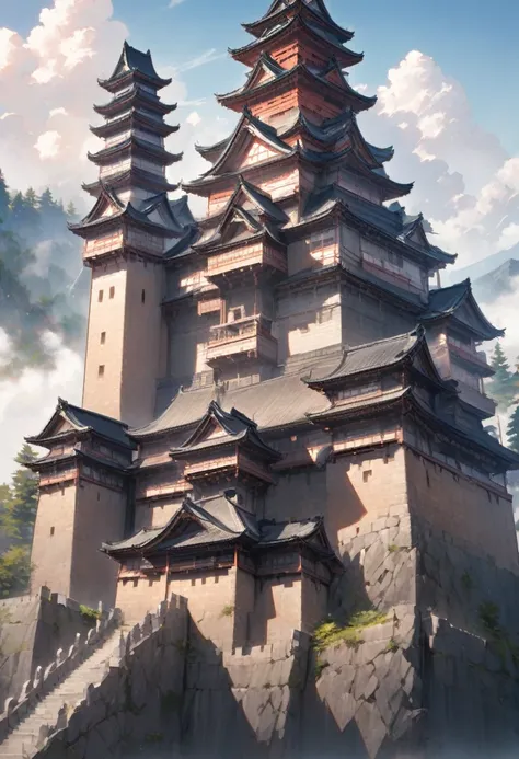 A majestic Japanese castle with towering walls and a grand keep, symbolizing power and authority, set against a clear blue sky."