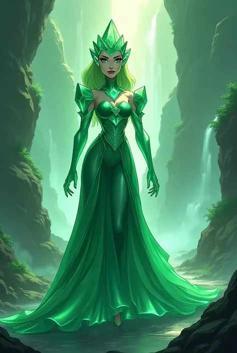 generate an emerald queen that looks sweet and kind but resembles the diamonds from Steven Universe but does not look so human that she is like a queen of pure emeralds



