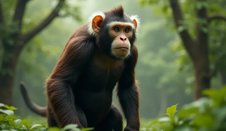 Facing the Panorama，There is a wild beast in the osmanthus forest，Looks like a brown monkey but has white ears，Standing upright like a human（best quality，4K，8k，High level，masterpiece：1.2），Ultra Detailed，（lifelike，Photo real，Photo real：1.37）