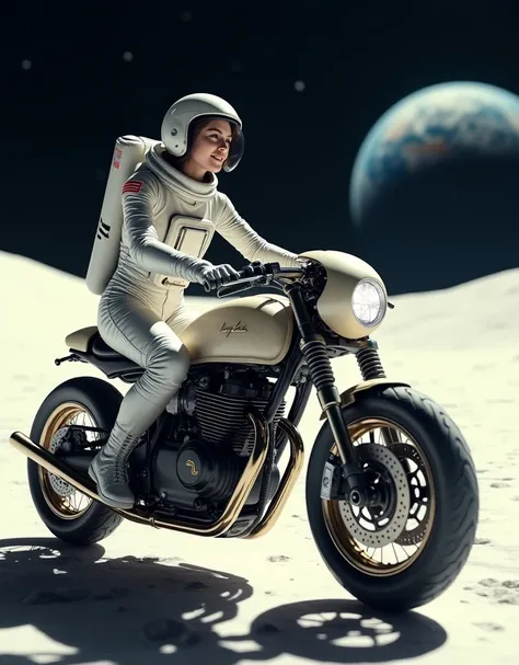 A beautiful young woman smilly face,from Brooklyn, dressed in a modern astronaut spacesuit, riding a future designe cafe racer motorcycle on the surface of the Moon. The Moons surface is brightly illuminated by the sunlight, creating a stark, bright enviro...