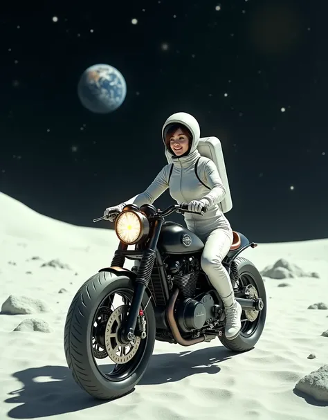 A beautiful young woman smilly face,from Brooklyn, dressed in a modern astronaut spacesuit, riding a future designe cafe racer motorcycle on the surface of the Moon. The Moons surface is brightly illuminated by the sunlight, creating a stark, bright enviro...