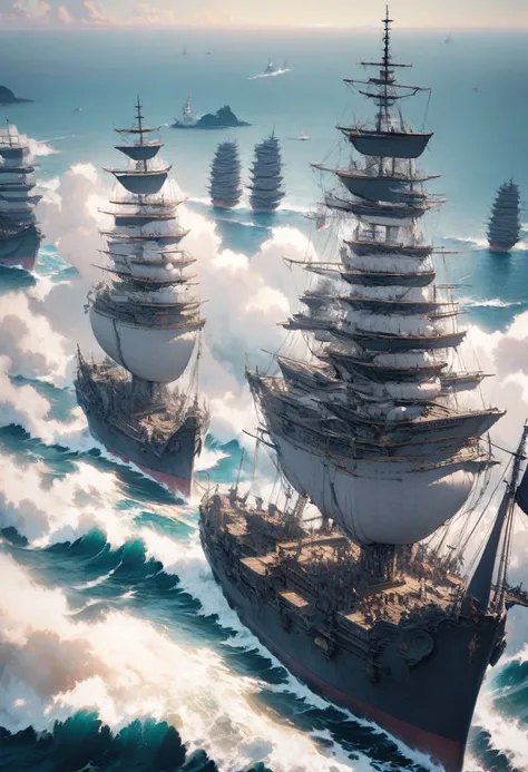 A fleet of traditional Japanese ships sailing towards a distant land, with sailors preparing for a long voyage, representing ambitious expansion plans."