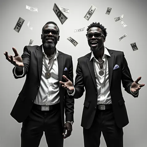 two black men with money and jewelry throwing money advances, black and white image