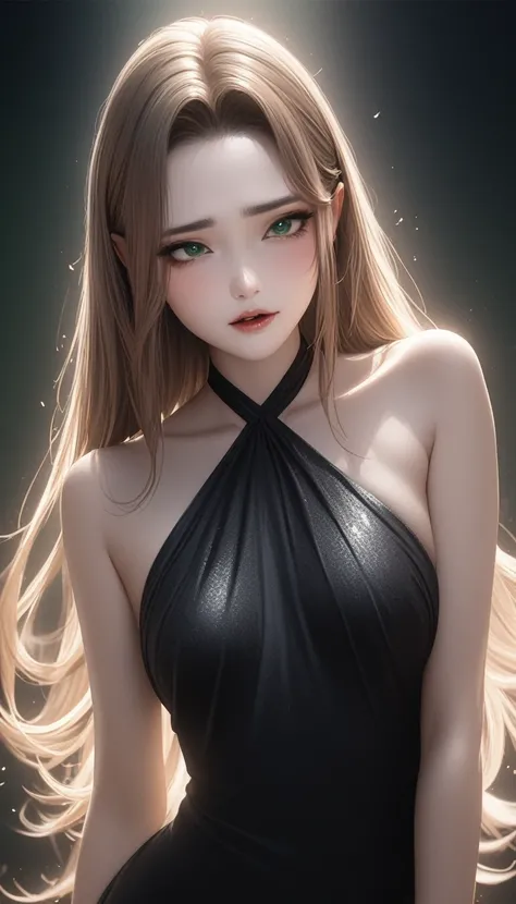 cool beauty, (attractive and seductive) and (amorous and lewd) face, fleeting and sad expression, brown messy layered straight hair, forehead, make-up, black string dress, glamorous proportions, background dim bar, (ultra detailed, absolutely resolution, b...