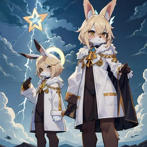 one girl,furry fur, furry bunny, white skin, blonde hair, furry bunny ears, frowns, cute, god, god clothes, short hair, lightning, stand on cloud, halo