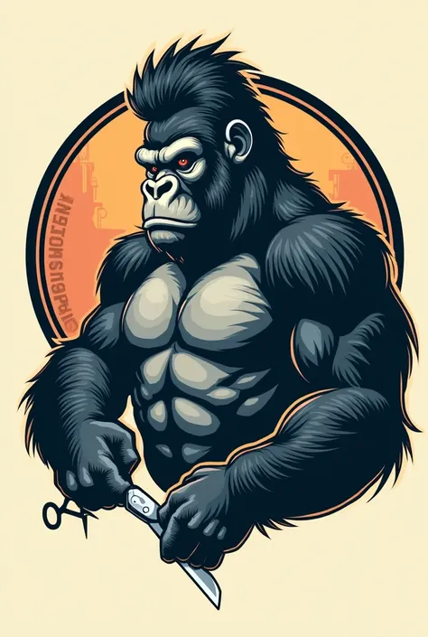 Design a logo that represents a barber gorilla with a retro style. The bouncer should have a classic barbershop hairstyle, such as a pompadour or vintage-style cut. In your two hands, you must hold a barbers scissors in one hand and a razor in the other. T...