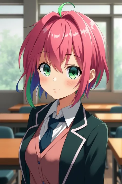 screenshot of my hero academia pink haired girl with green tips, light green eyes under each eye a mole, light skin tone, slim, with the UA uniform and the classroom in the background 