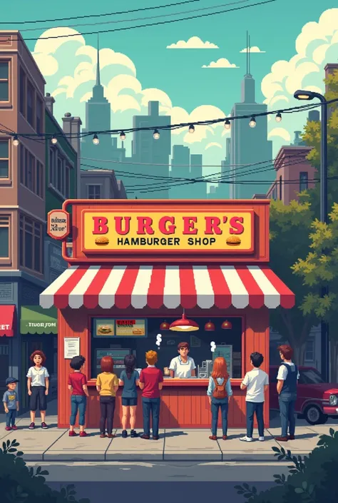 Generate me an image 1280 by 720 pixels, which shows a scene where it is shown in front of a hamburger shop, all in the pixel art style of 32-bit video games