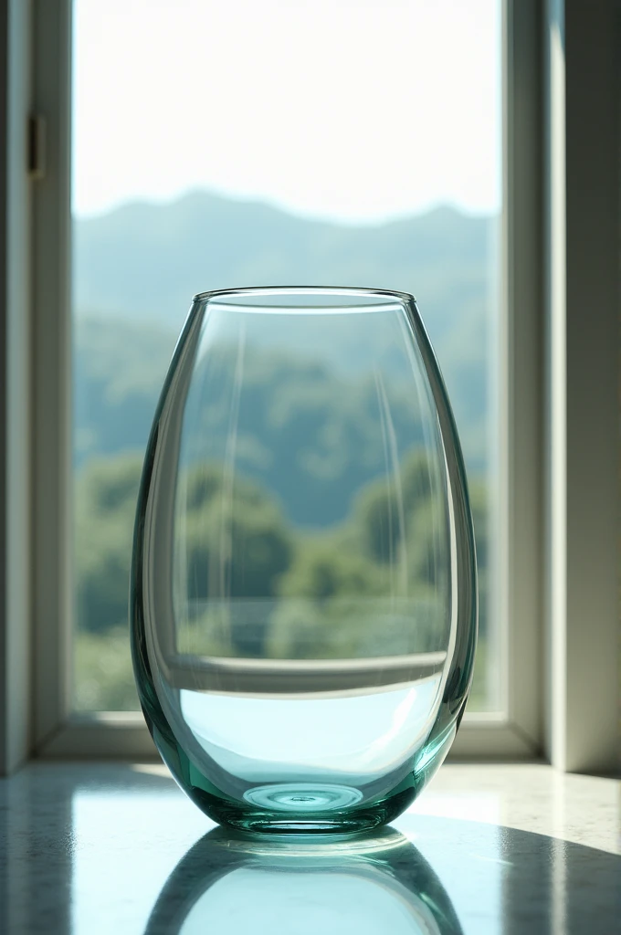 A large glass is placed in front of the window.