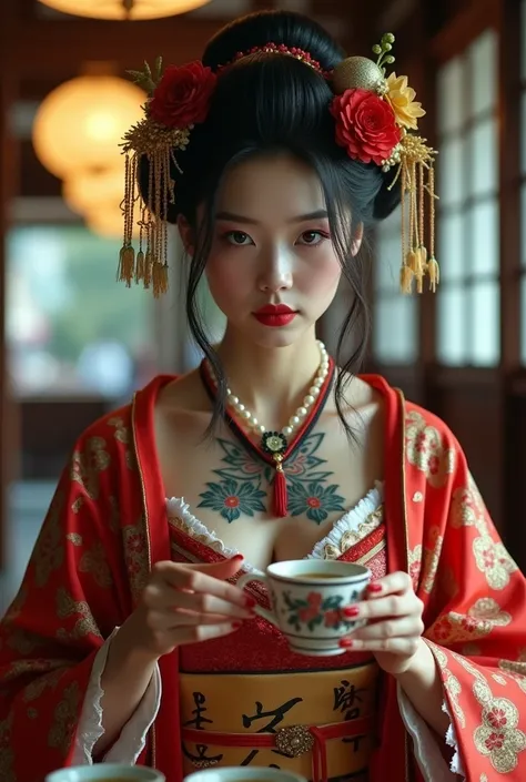 Create picture full body of a Asia girl 20yo, ( Jennie blackpink)  hair and makeup like a geisha, wearing a geisha outfit, body tattoo ,frayed,
sitting and Make tea for yakuza, Atmosphere of ancient Japan,64k, grainy images, high resolution photos, strong ...