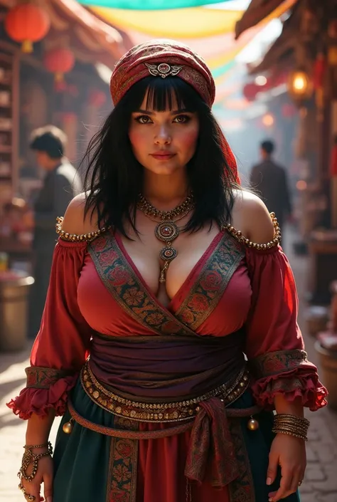 woman, shoulder-length straight black hair, medium bust, plump, cloth on her head, dressed as a card fortune teller, gypsy, walking through the bazaar, looking at the camera, photorealistic